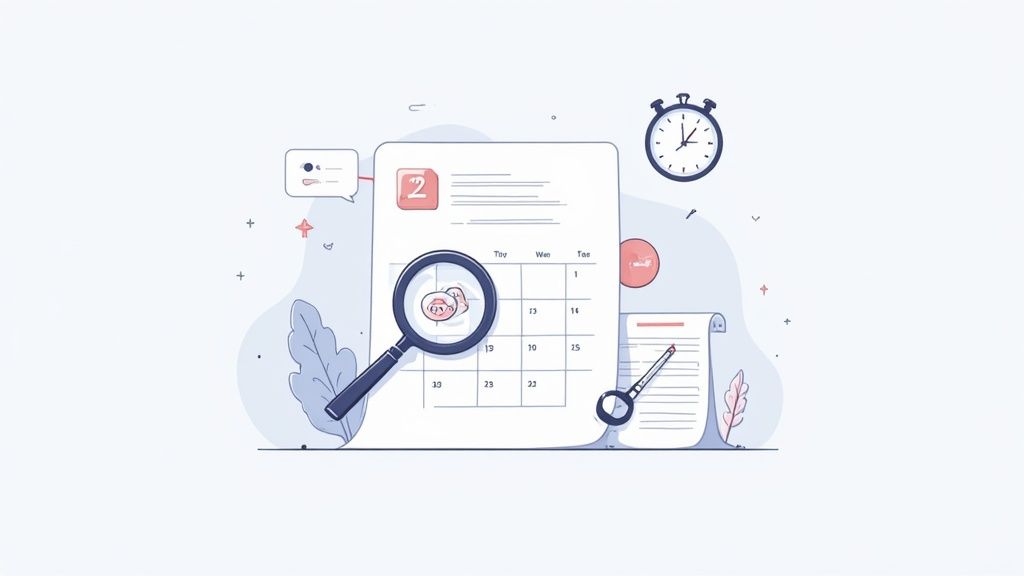 An illustration of a calendar, stopwatch, magnifying glass, and notepad, symbolizing event scheduling and time management.