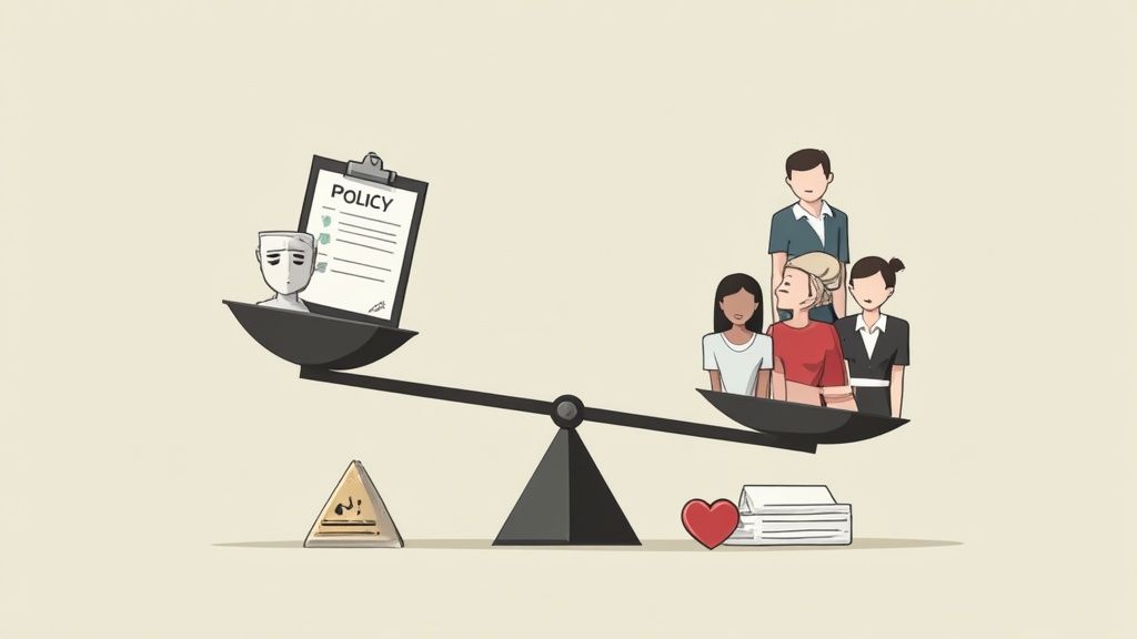 A weighing scale balances a 'POLICY' clipboard and a stylized head against a diverse group of people and a heart.