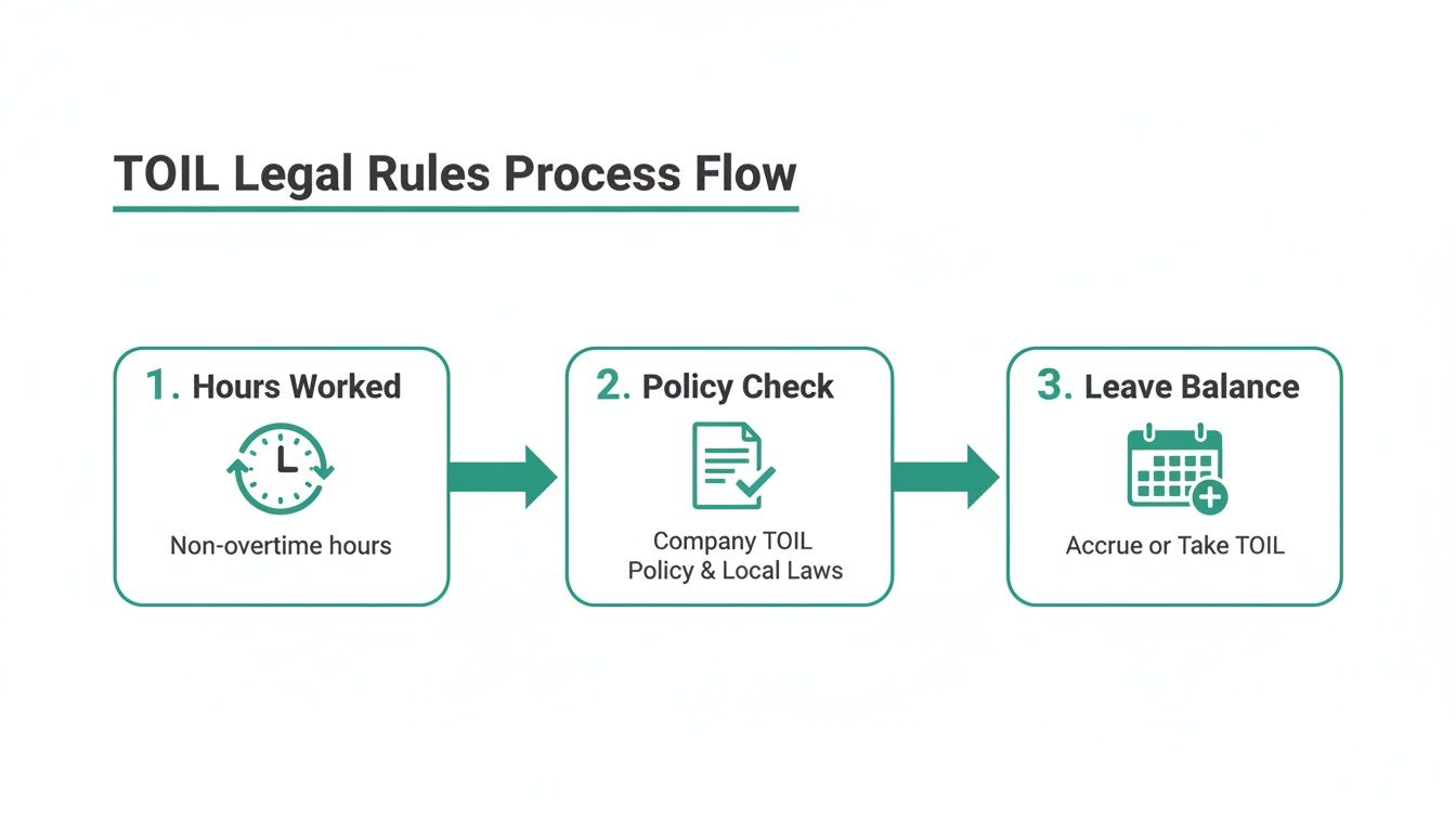 A process flow diagram illustrating TOIL legal rules, from hours worked to leave balance.