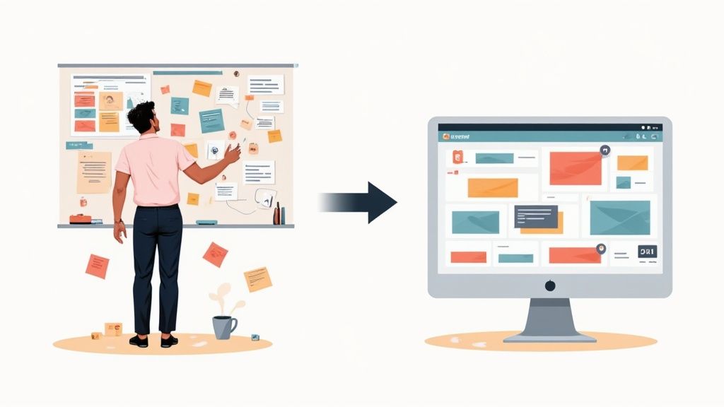A person organizing a physical whiteboard transitions to a digital wall planner on a computer screen.