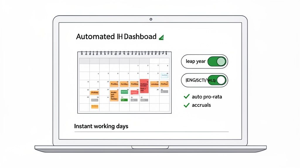 A laptop displays an Automated IH Dashboard with a calendar, leap year toggle, and accrual options.