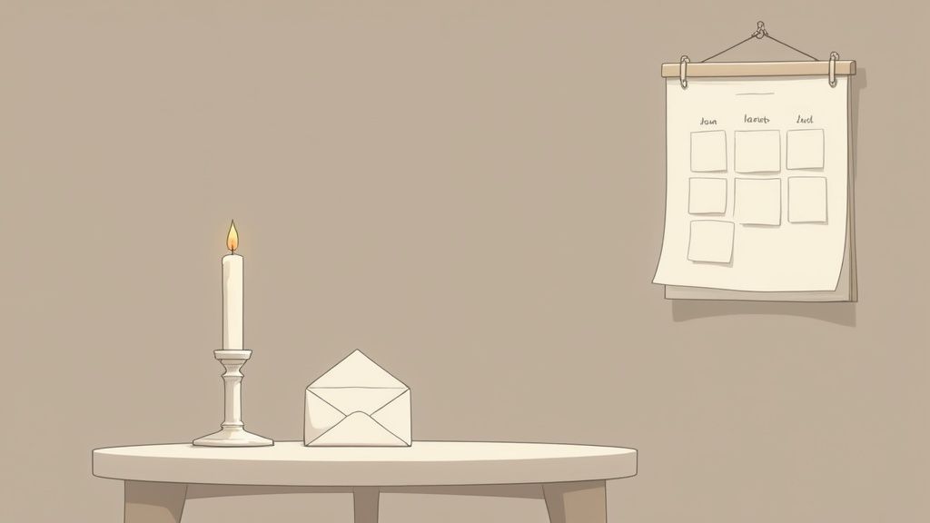 A minimalist illustration featuring a lit candle, an envelope on a table, and a calendar hanging on a beige wall.