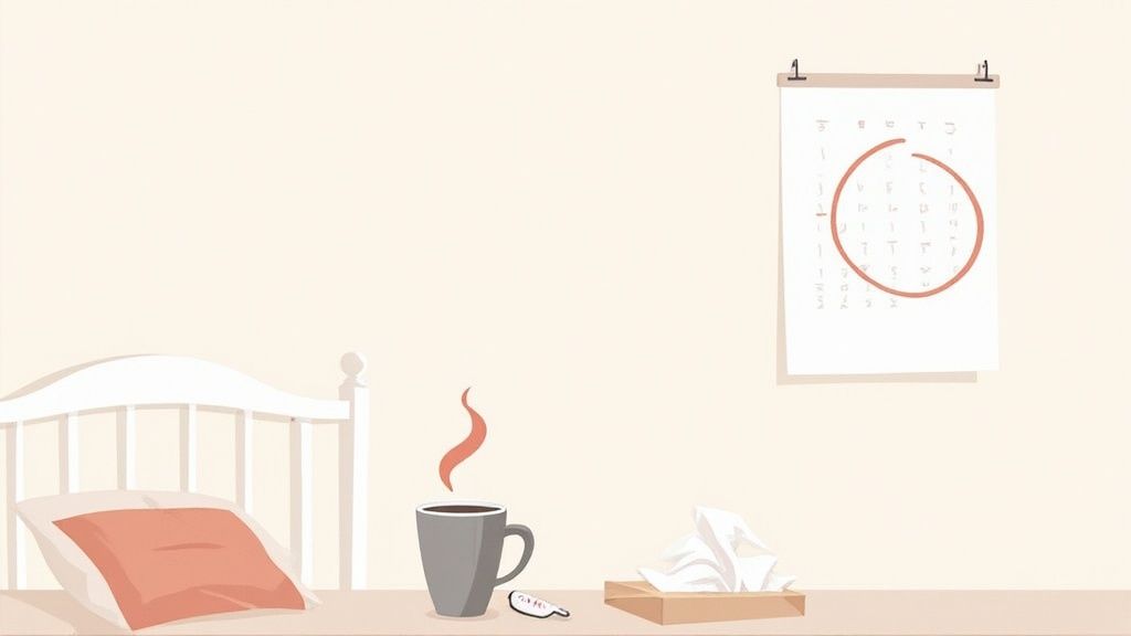 An illustration of a sick day setup with a bed, hot drink, tissues, and a circled calendar.