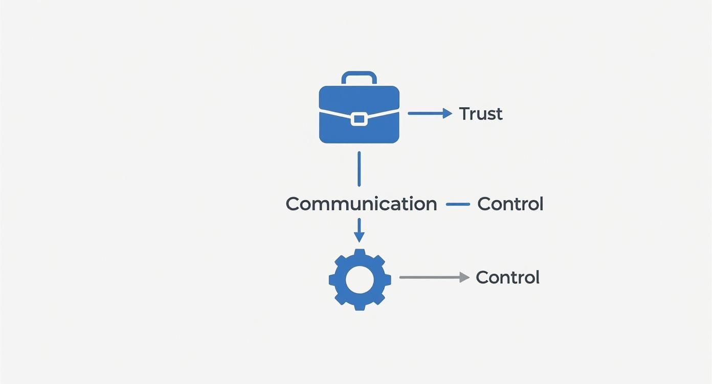 Diagram showing a briefcase icon linked to trust, communication, and a gear, with communication and the gear both leading to control.