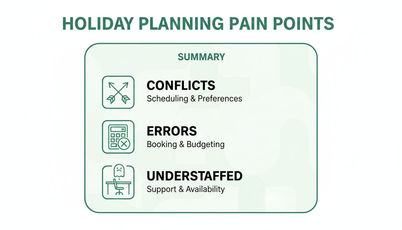 A graphic detailing holiday planning pain points, including conflicts, errors, and being understaffed, with icons.
