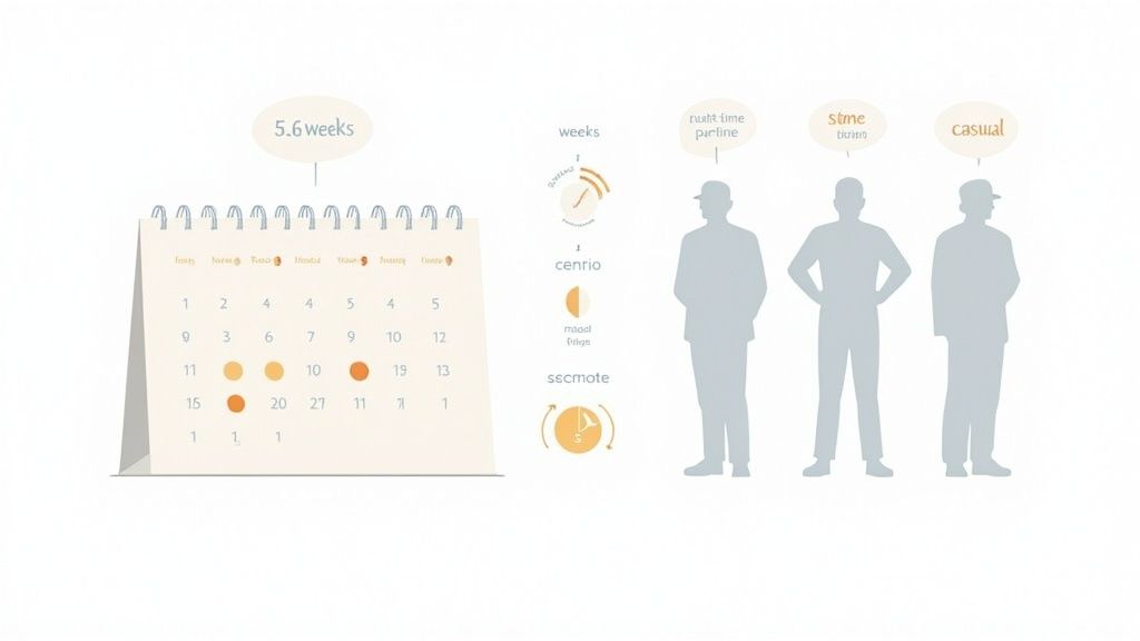 A person using a calculator with documents and a laptop nearby, illustrating the process of calculating holiday pay.