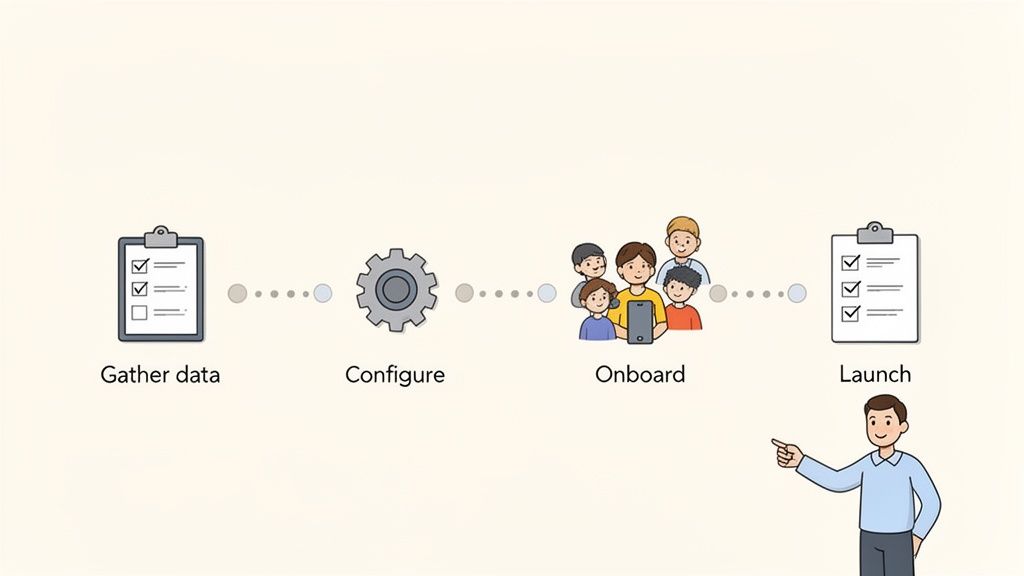 A visual diagram illustrating a four-step process: Gather data, Configure, Onboard, and Launch, with a person pointing.
