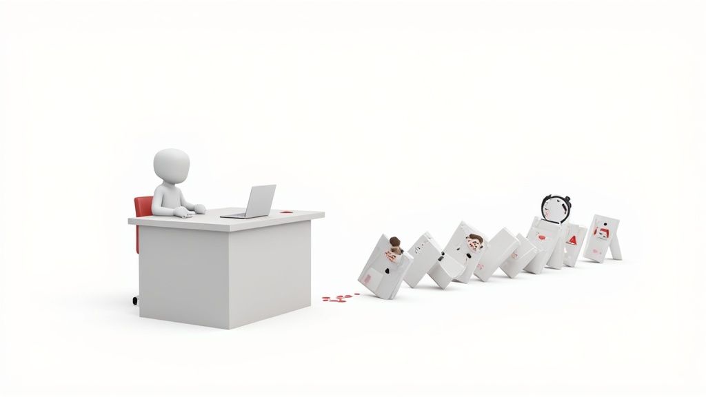 3D figure at desk working on laptop while domino effect of falling employee figures illustrates workplace absence