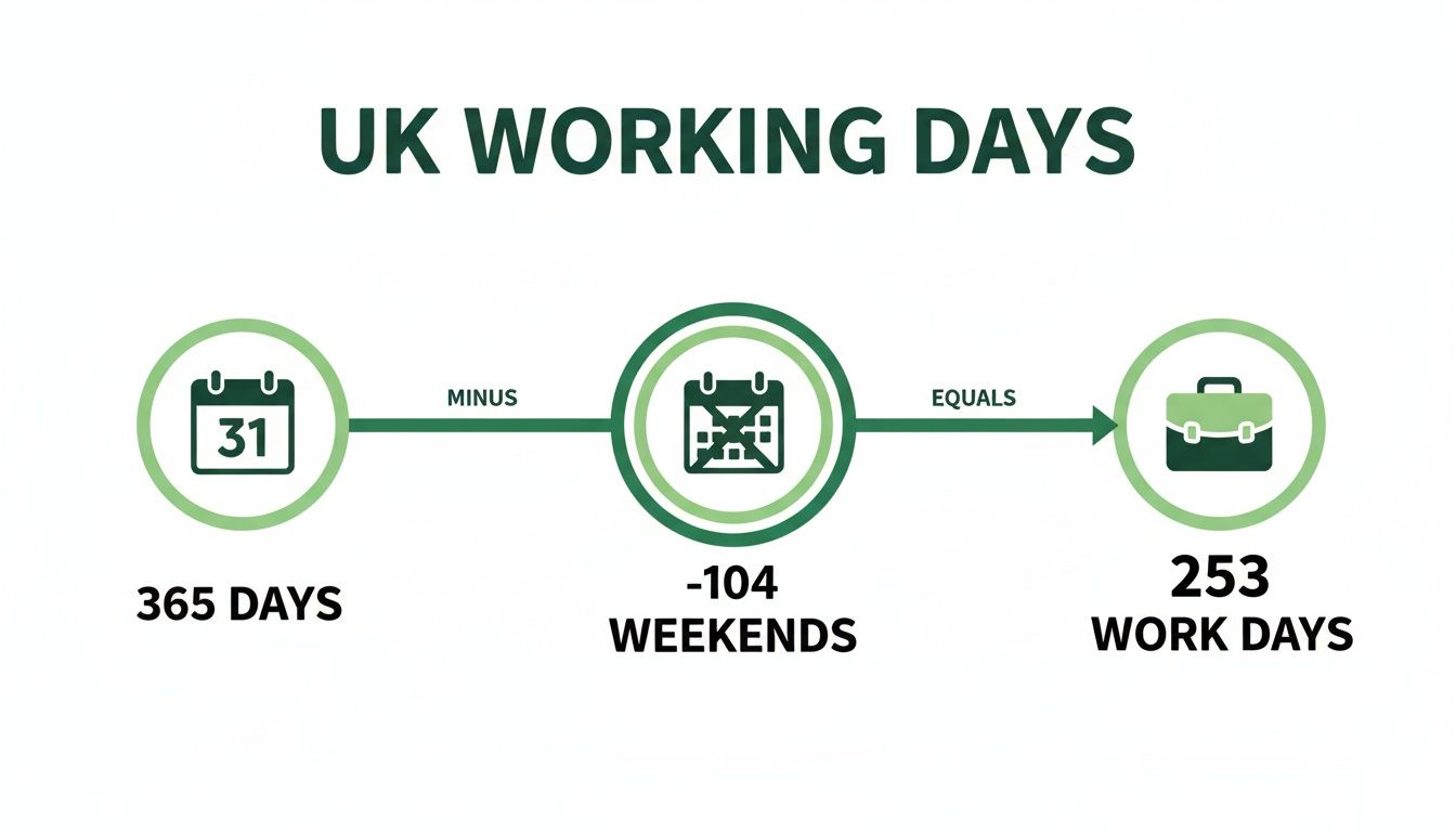 Infographic showing that 365 days minus 104 weekends equals 253 UK working days.