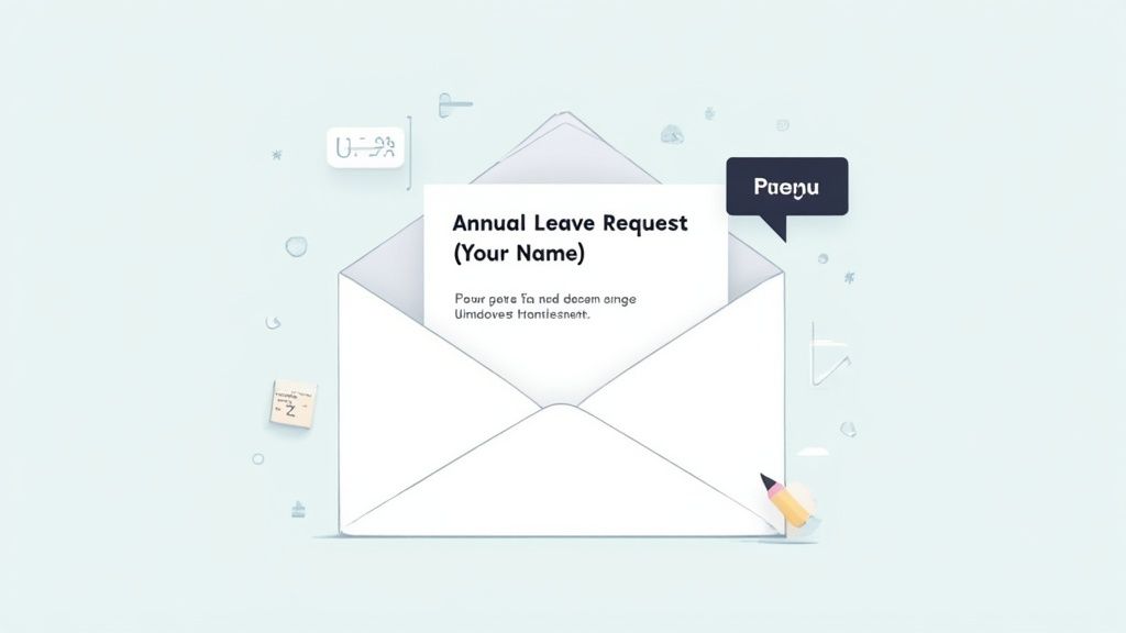 An open envelope contains an 'Annual Leave Request' form, with a pencil and speech bubble.