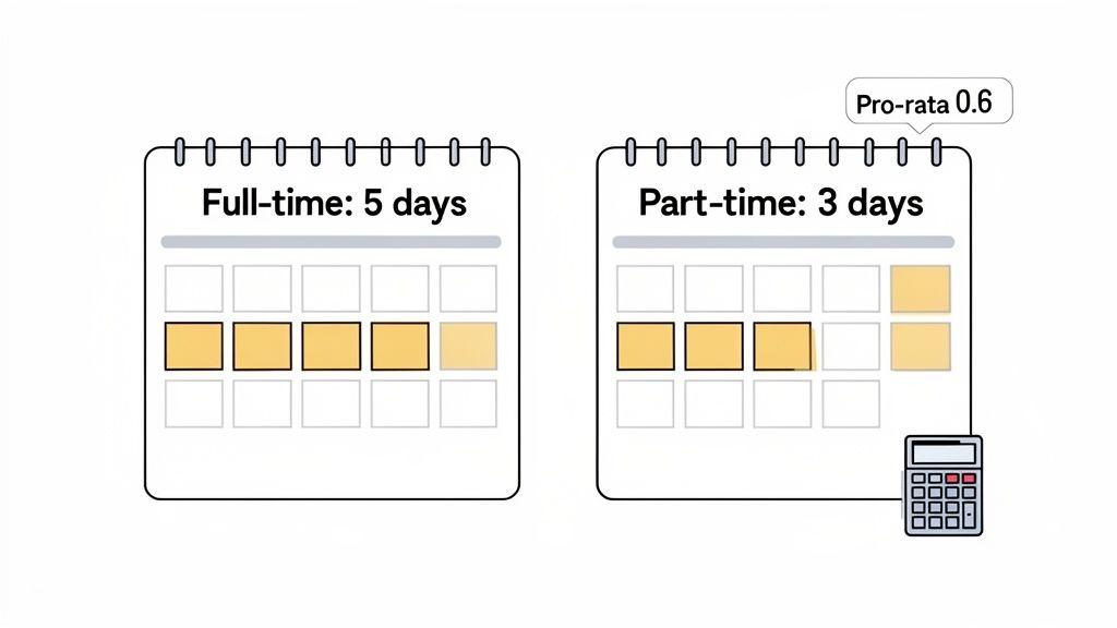 An illustration comparing full-time five-day work week with part-time three-day work week, showing pro-rata 0.6 calculation.