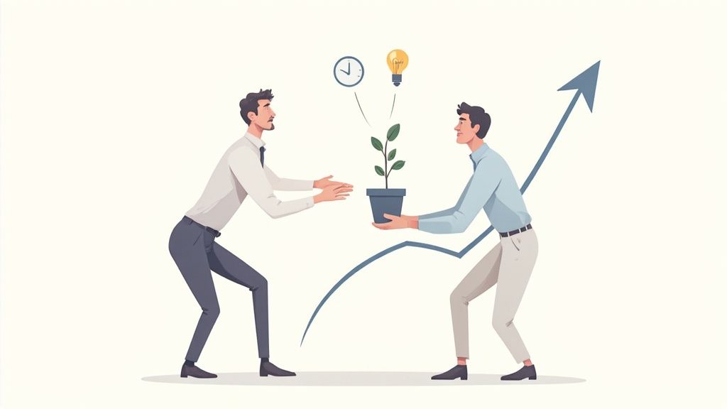 Two men exchanging a plant, symbolizing business investment, ideas, and growth with an upward trend.