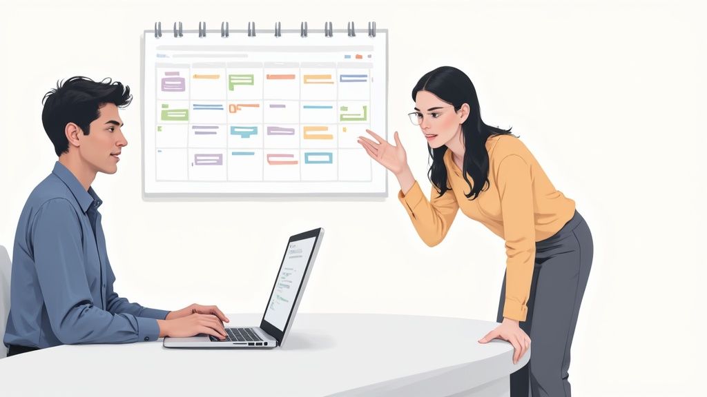 Two colleagues discussing tasks and schedule in an office, with a calendar in the background.