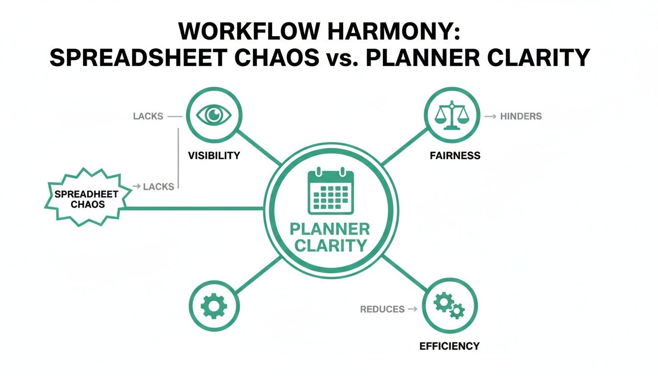 A workflow diagram illustrating how planner clarity improves visibility, fairness, and efficiency, contrasting it with spreadsheet chaos.