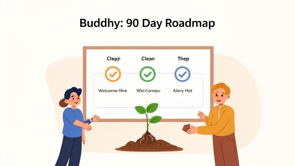 Cartoon people present a 'Buddy: 90 Day Roadmap' with onboarding steps and a growing plant.