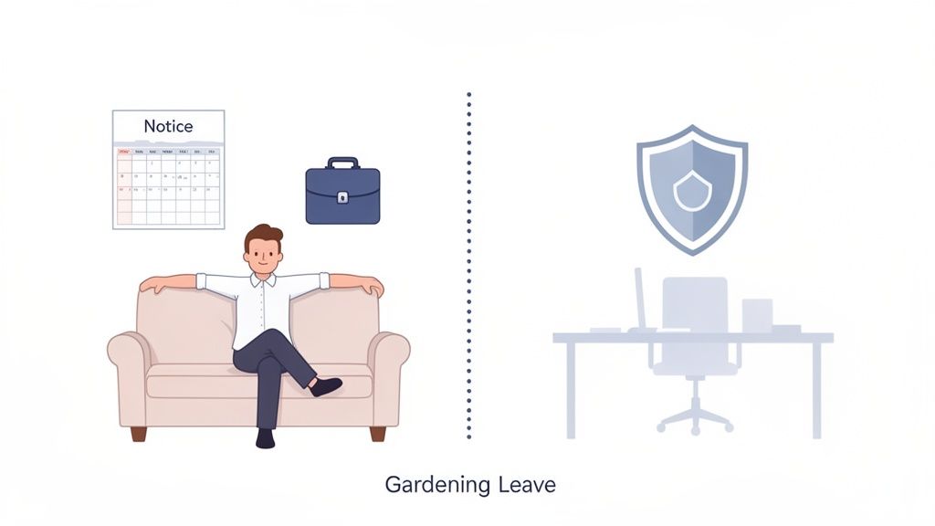 Illustration of a man on gardening leave, relaxing on a couch, separated from his protected office.