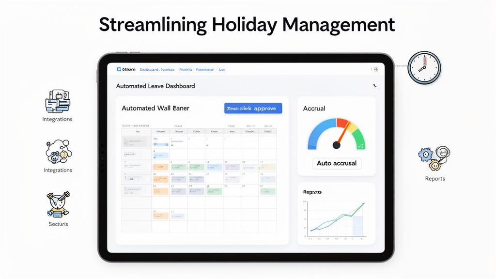 A tablet displaying an automated leave dashboard with a calendar, accrual meter, and reports.