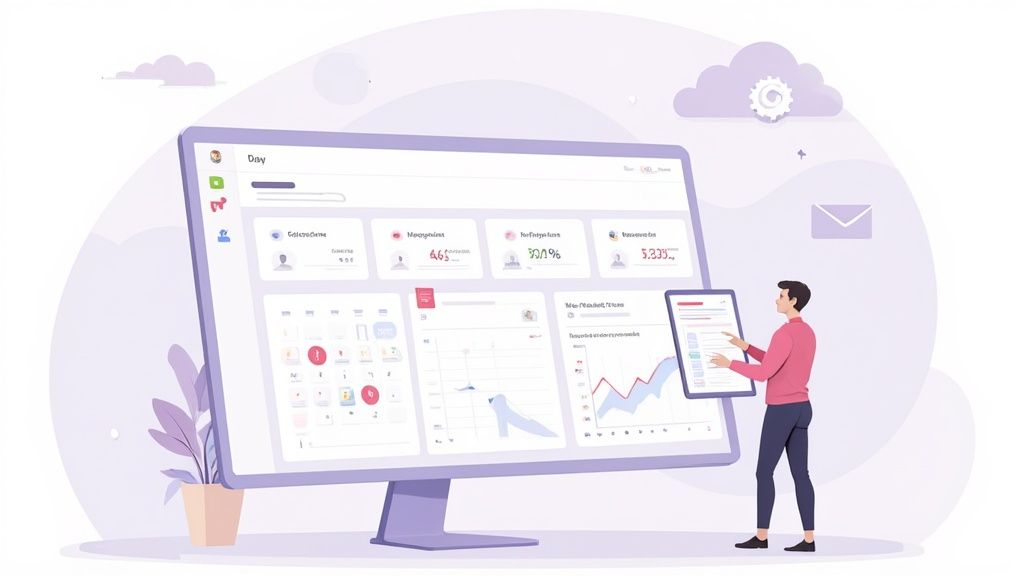 Professional analyzing employee vacation analytics dashboard displaying leave entitlement statistics and reporting graphs