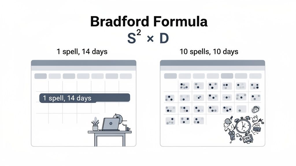 Illustration of the Bradford Formula S² x D, comparing single long absence to multiple short absences on calendars.