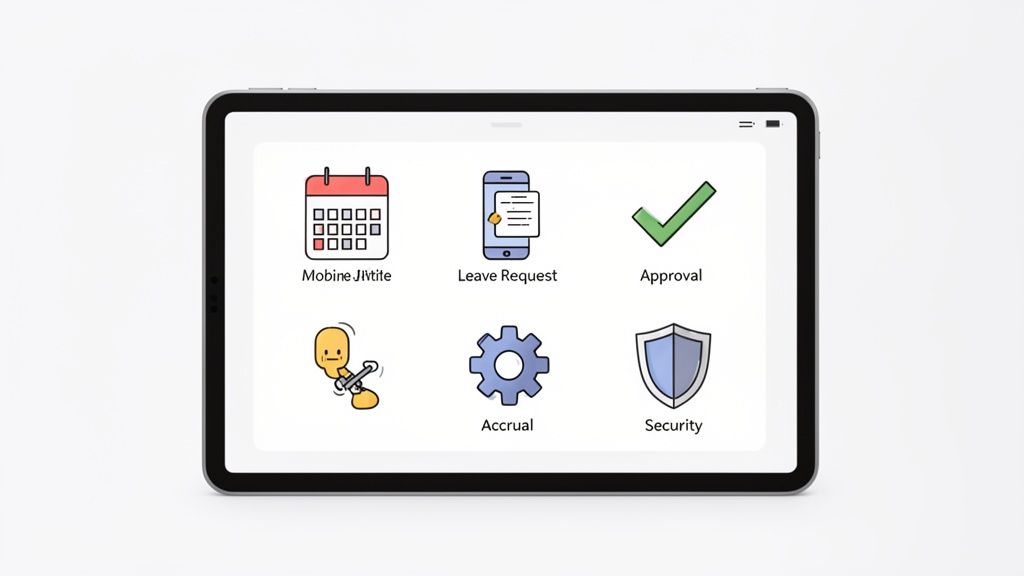 A tablet displays an absentee management system app interface with icons for leave requests, approvals, and security.
