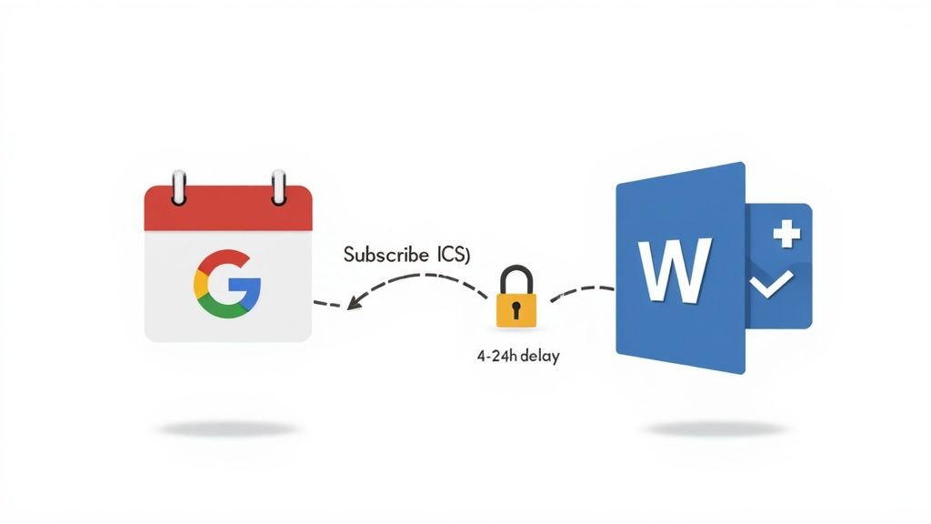 Diagram illustrating Google Calendar subscribing via ICS to Microsoft Outlook Calendar, showing a 4-24 hour synchronization delay.