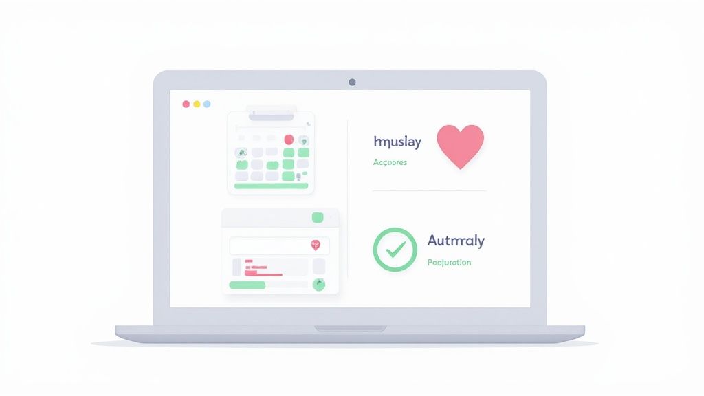A laptop screen displays a modern application with a calendar, progress bars, heart icon, and checkmark icon.