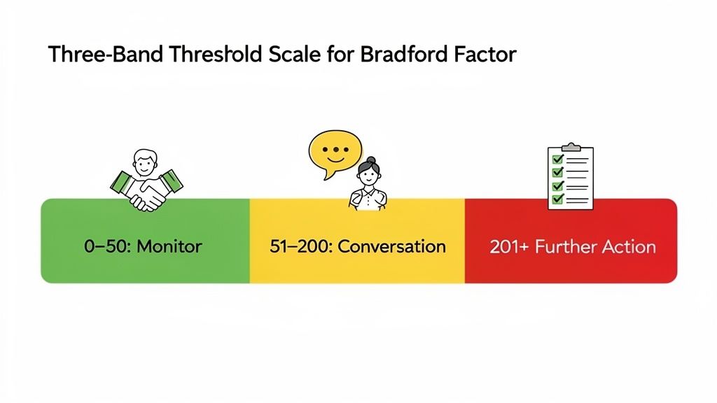 A three-band threshold scale illustrating Bradford Factor ranges for monitoring, conversation, and further action.