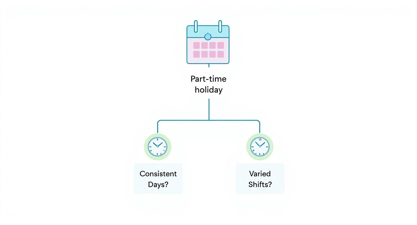 A flowchart showing 'Part-time holiday' leading to questions 'Consistent Days?' and 'Varied Shifts?', illustrated with calendar and clock icons.
