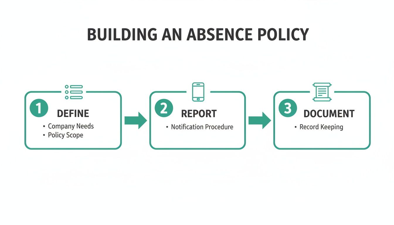 A three-step process: Define, Report, Document for building an effective absence policy.