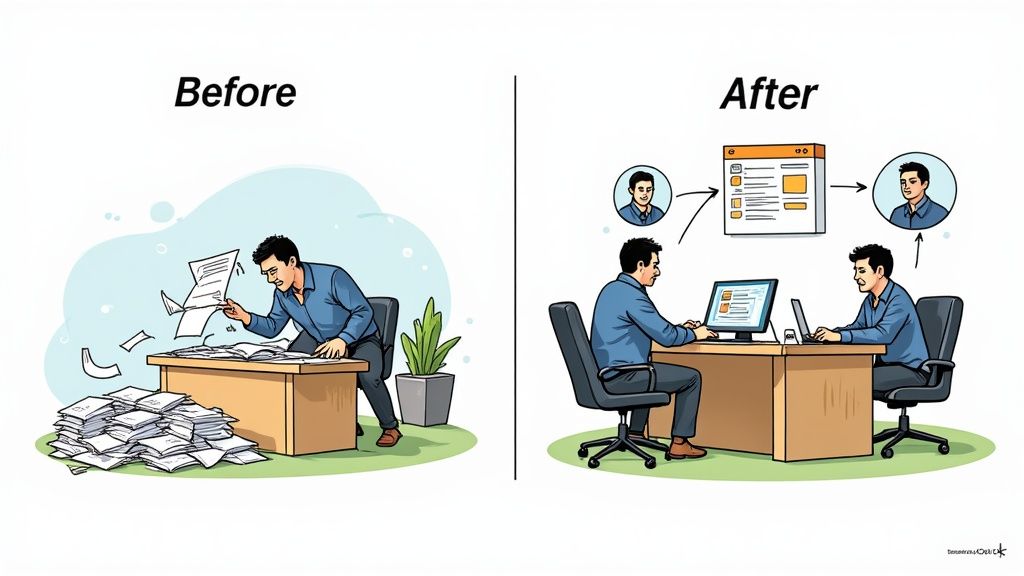 A before-and-after split image showing a cluttered desk with paper forms on one side and a clean, organised desk with a laptop displaying a leave management system on the other.