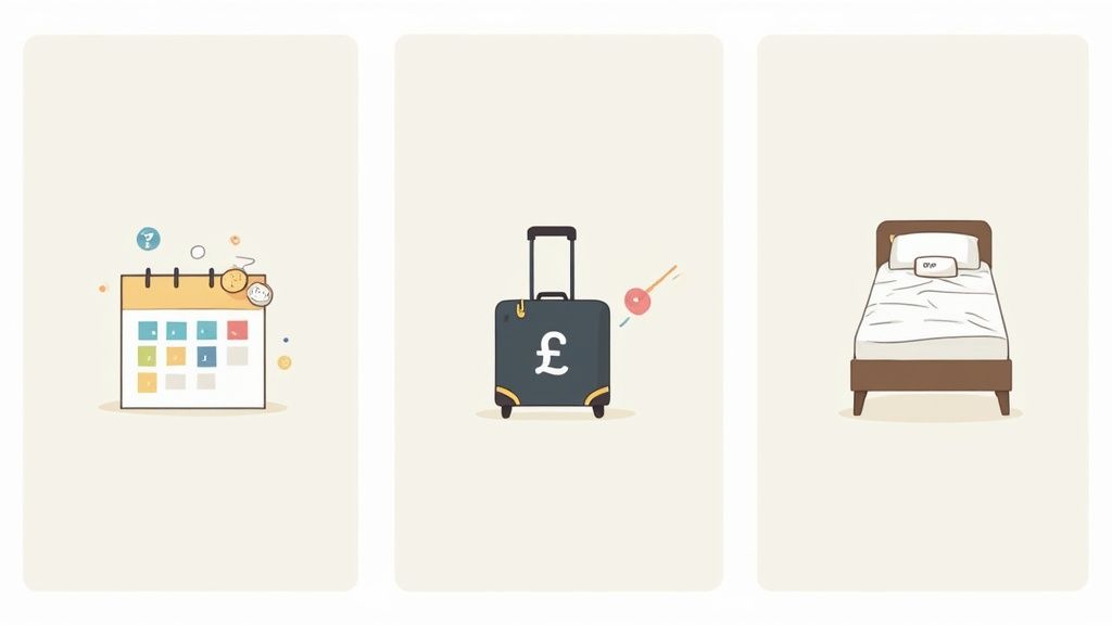 Three illustrations representing annual leave: a calendar for planning, a suitcase for travel, and a bed for rest.