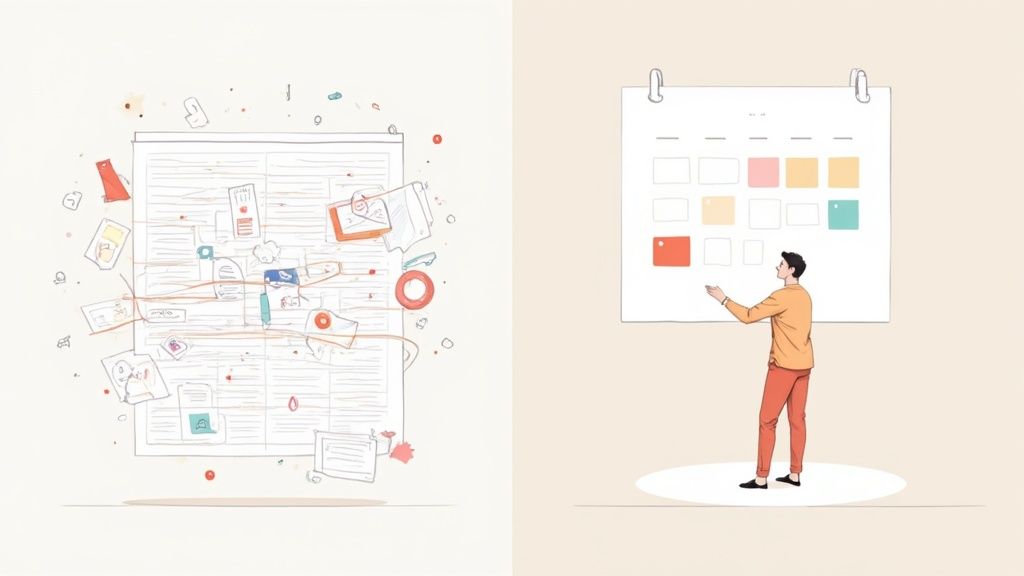 Illustration contrasting a messy idea board with a man neatly organizing a calendar schedule.