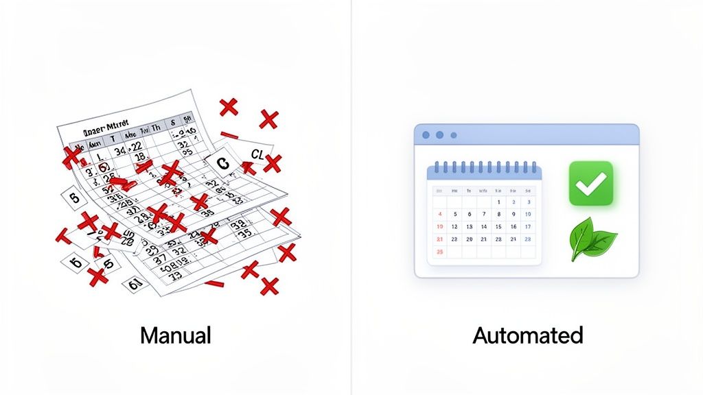 Two panels show manual paper tasks with errors versus an efficient, green automated digital calendar.