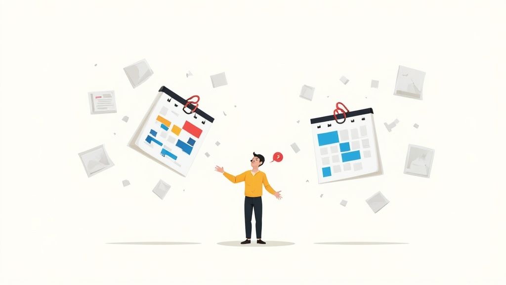 An illustration of a man juggling two large calendars, symbolizing time management and busy schedules, surrounded by floating documents.