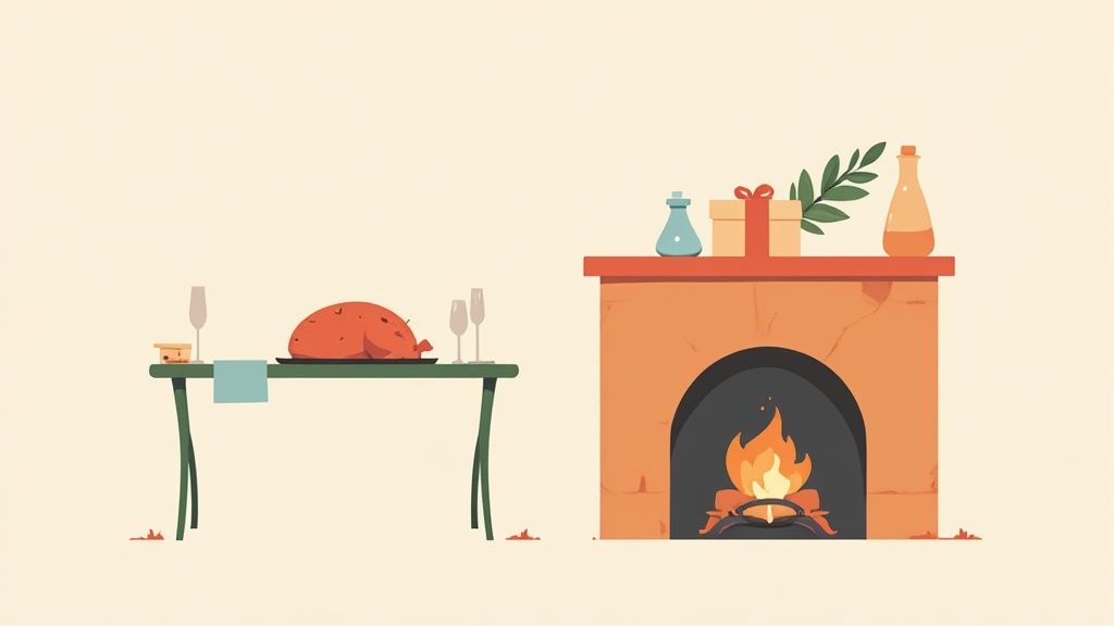 Cozy holiday dining scene with roasted turkey on table and warm fireplace with decorations