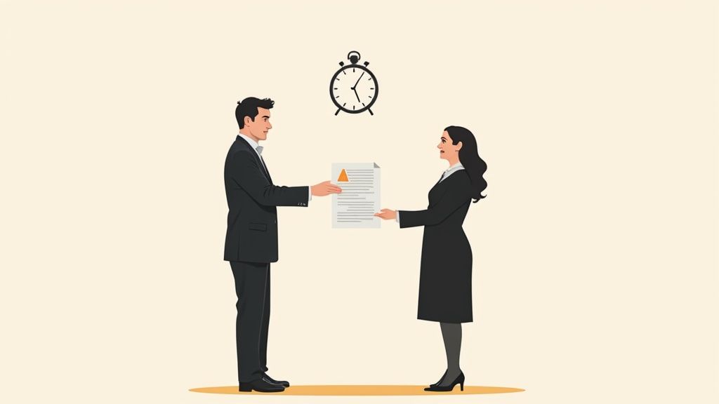 A man in a suit hands a document with an orange triangle to a woman, under an alarm clock.