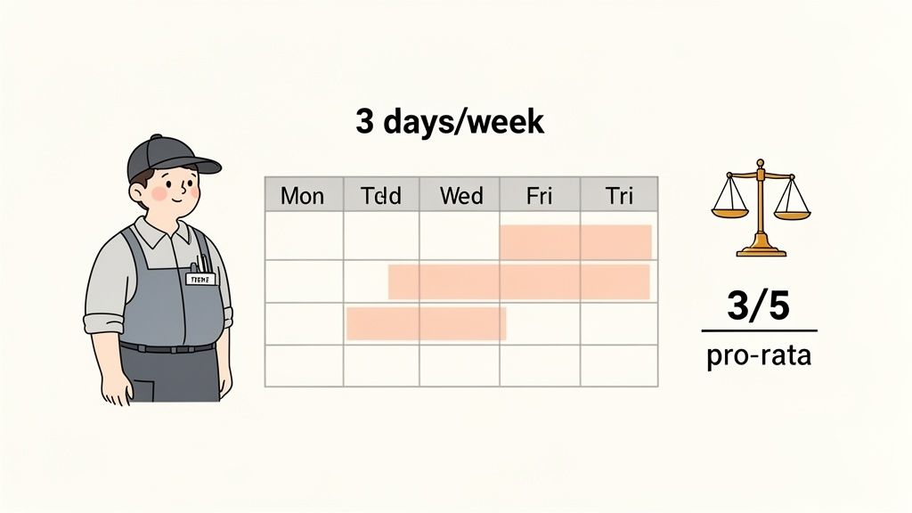 Illustration of an employee's work schedule showing '3 days/week' and a '3/5 pro-rata' calculation.