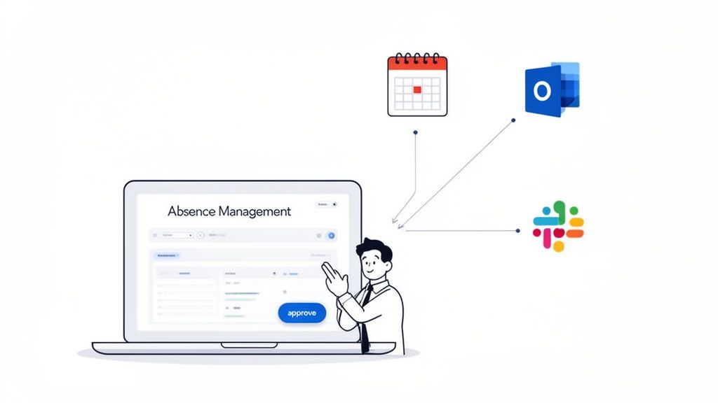 An absence management system on a laptop integrates with calendar, Outlook, and Slack, shown with a cartoon man.