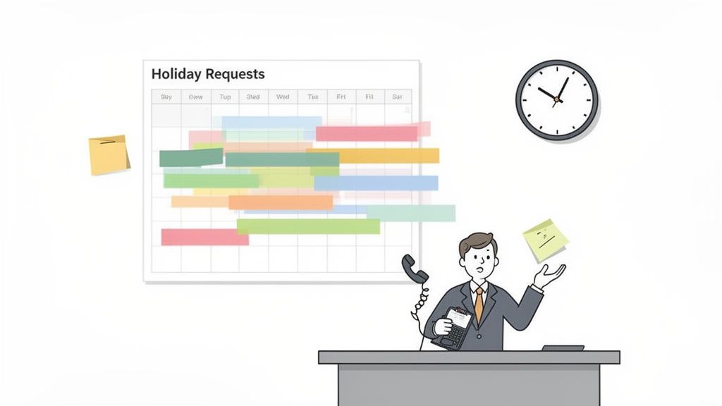 A stressed manager juggles phone calls and a calculator amidst overwhelming holiday leave requests.