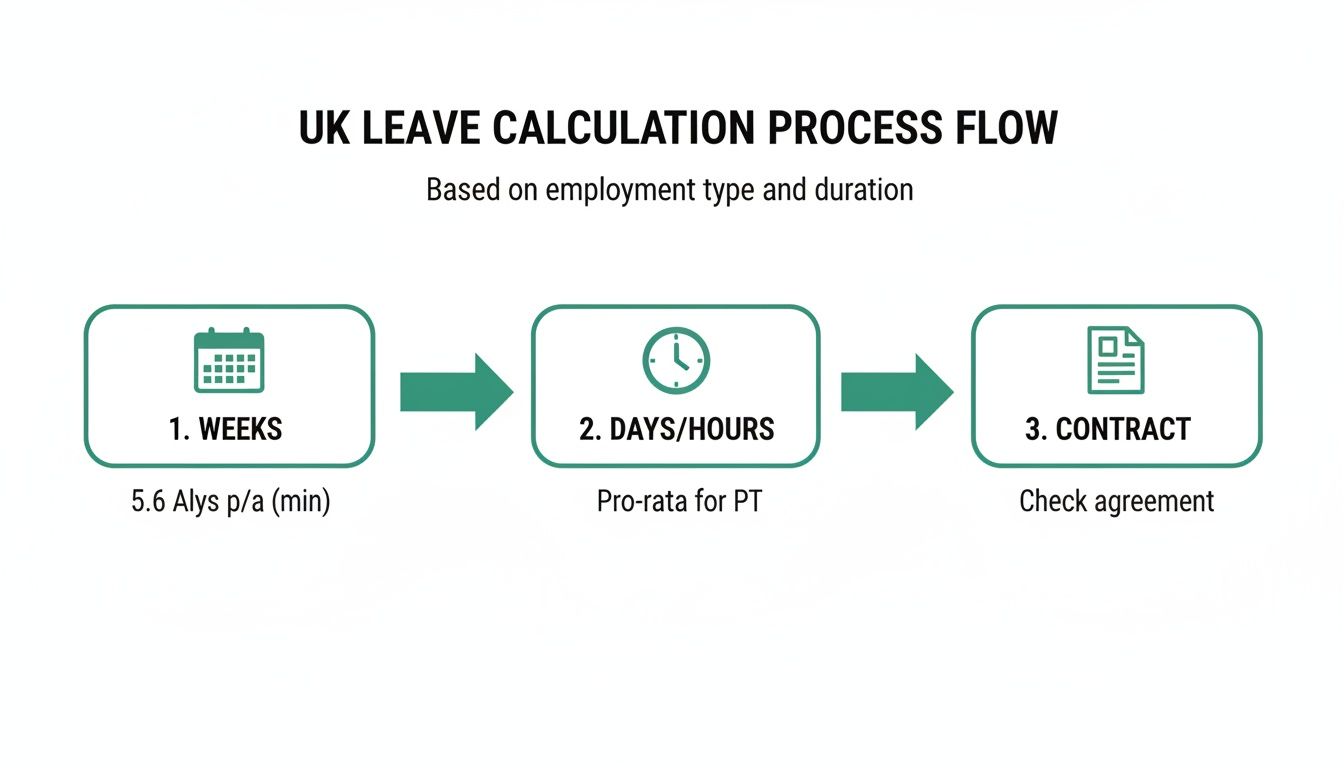 Process flow diagram showing UK leave calculation steps: Weeks, Days/Hours, and Contract agreement.