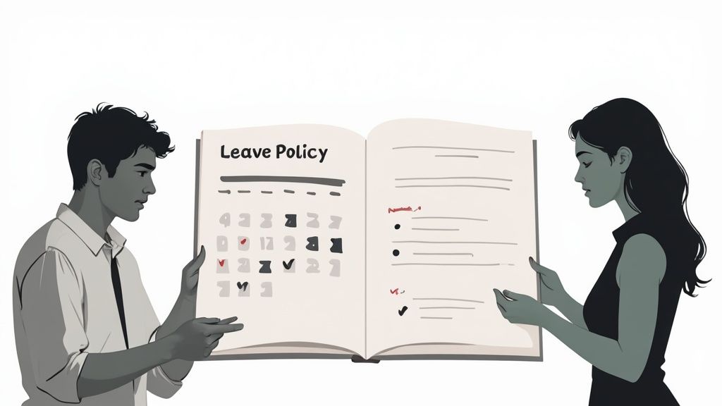 Two people, a man and a woman, review a leave policy book with a calendar and checklist.