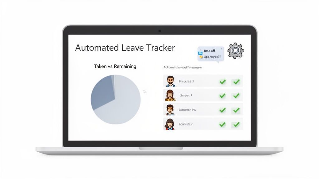 Laptop screen shows an automated leave tracker with a leave balance pie chart and employee approvals.