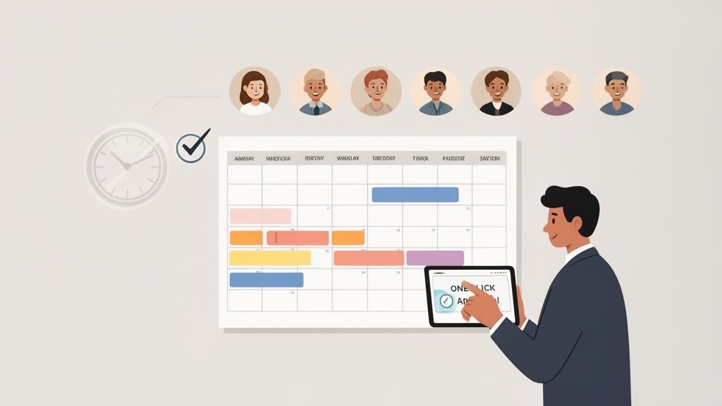 A man uses a tablet to approve team schedules on a large calendar with one-click efficiency.