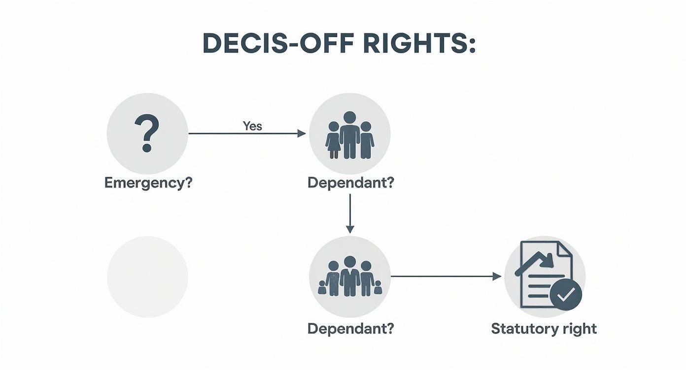 Infographic decision tree explaining the process for determining statutory right to time off for dependants in the UK.