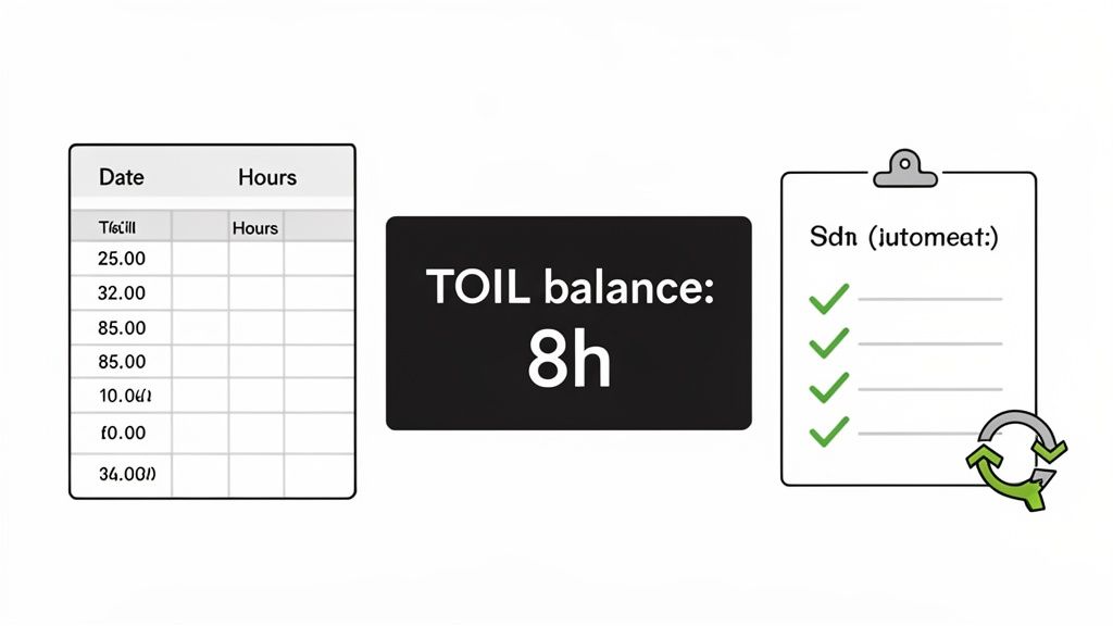 A graphic showing a time off in lieu (TOIL) balance of 8 hours, alongside an hours log and a checklist.