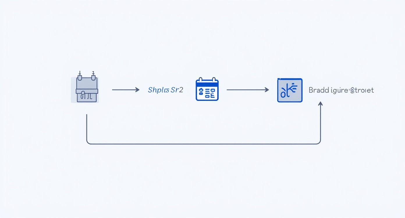 A flow diagram illustrating a process with icons for a device, calendar, and data processing, featuring a feedback loop.