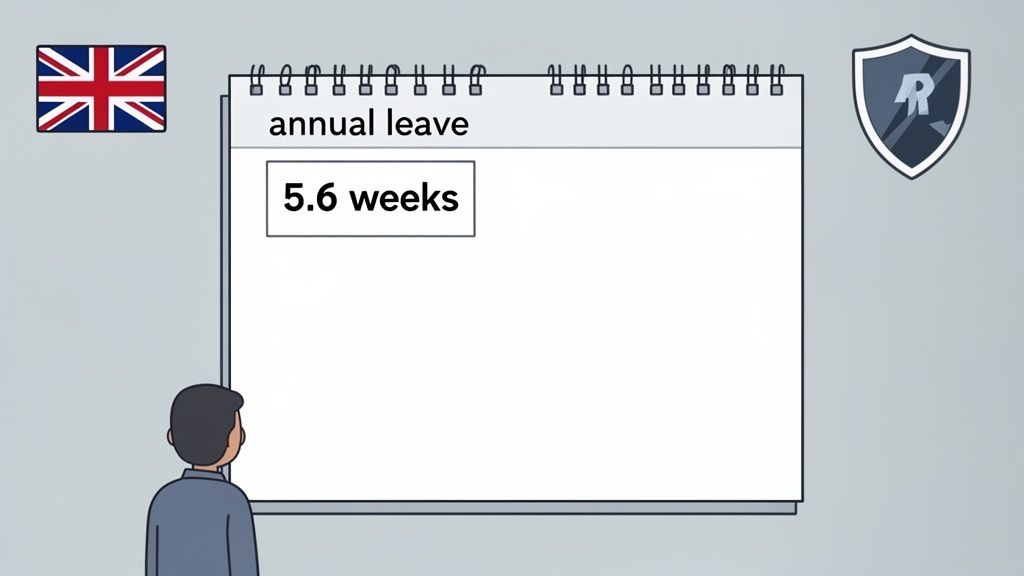 An illustration depicting a calendar with 'annual leave 5.6 weeks' and a UK flag, viewed by a person.