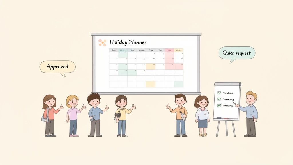 Employees giving thumbs up around a holiday planner calendar and a checklist, indicating approval and quick requests.