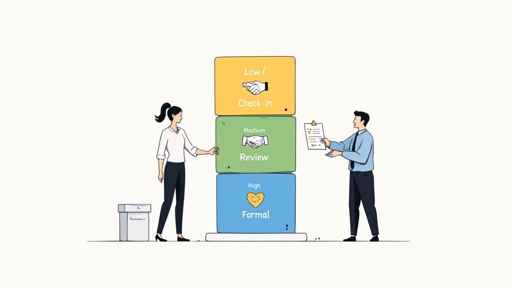 Two business people stand beside a stack of three blocks labeled Low/Check-in, Medium/Review, and High/Formal, illustrating workflow or engagement levels.