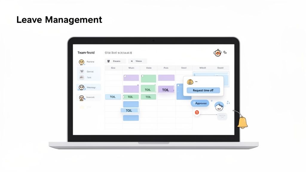 Digital leave management system on a laptop displaying employee time off and approval requests.